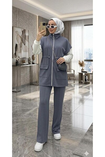 BEYAZTOPTAN Women's Sporty Stylish Hijab Combination Zippered Vest Pants Set ...