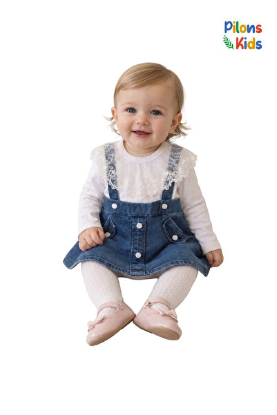 Pilons Kids Kız Bebek / Çocuk Denim Kot Jile Salopet ve Dantelli Uzun Kollu T...