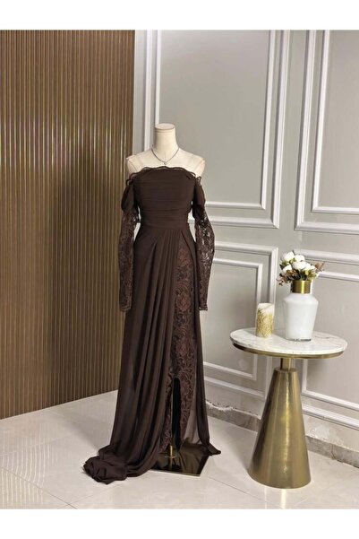 vanus fashion 6774 - فستان بني راقٍ بتفاصيل دانتيل فاخرة