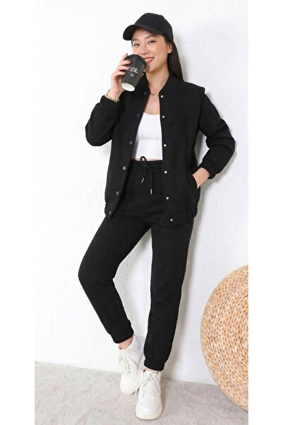 MASSİ Kadın Siyah 3 Şardonlu Alt Üst Eşofman Takım