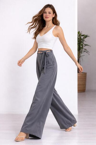 sportiness talie înaltă Bağlama detaliu cu fermoar wide-leg Pantaloni Plazzo