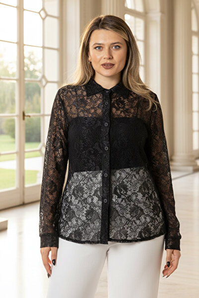 Modaviki Büyük Beden Düğmeli Dantel Transparan Kadın Gömlek Siyah MDV988