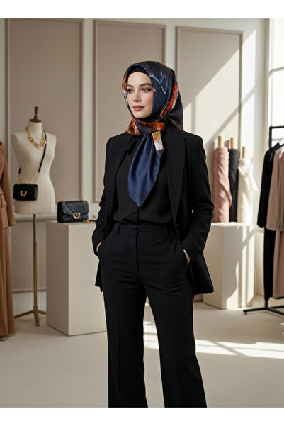 Trend Parla Lacivert Sanatsal Geçişli Abstract Desenli Sura İpek Eşarp