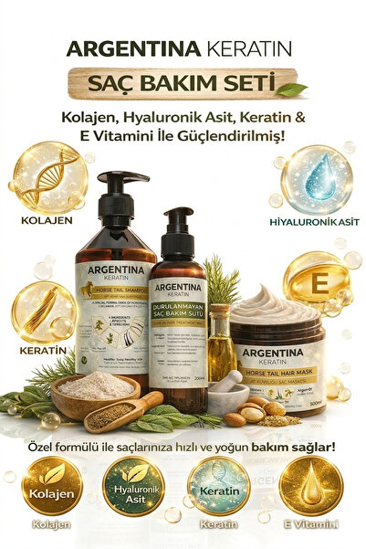 ARGENTİNA KERATİN Kolajen-Hyaluronik asit-Keratin-E vitamini At Kuyruğu Argan...