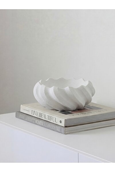 TAŞ ART Decorative White Spiral Bowl - Modern Design Textured Piece - Console...