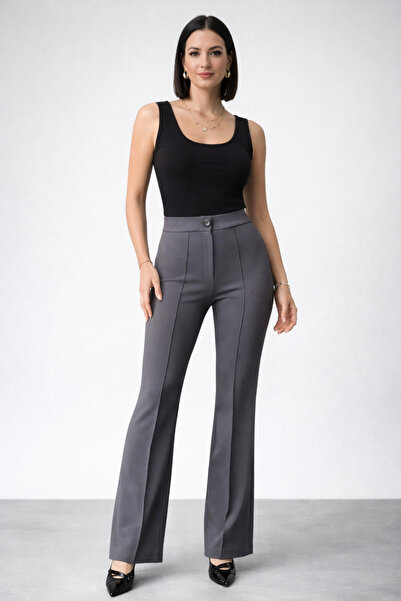 trendalisse بنطال بالازو كريب ليكرا عالي الخصر باللون الرمادي - تصميم مشهور