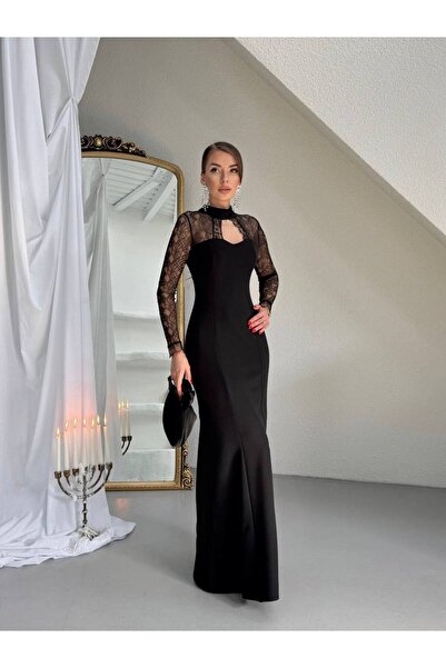 Julidress شفاف دانتيل فستان أسود طويل فاخر بتفاصيل دقيقة