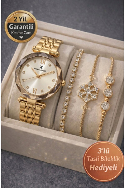 Daniel Klein Sarı Gümüş Renk Orijinal Kadın Kol Saati 3’lü Çelik Bileklik Set...