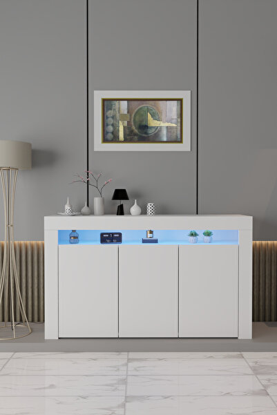 ECM Konsol Led Aydınlatmalı Şık Modern Ve Zarif Konsol Beyaz Mat Büfe