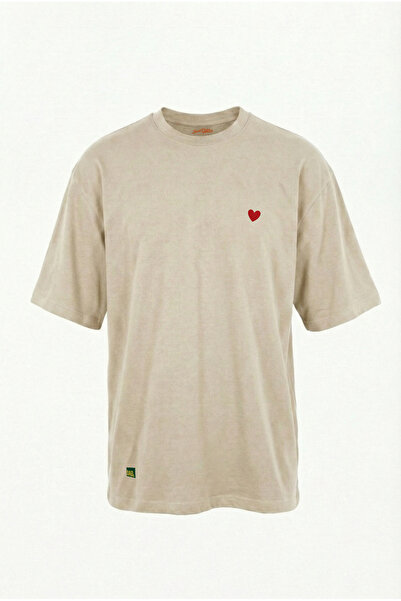 Dad&Children تي شيرت للجنسين بتصميم قلب كبير الحجم باللون البيج العظمي