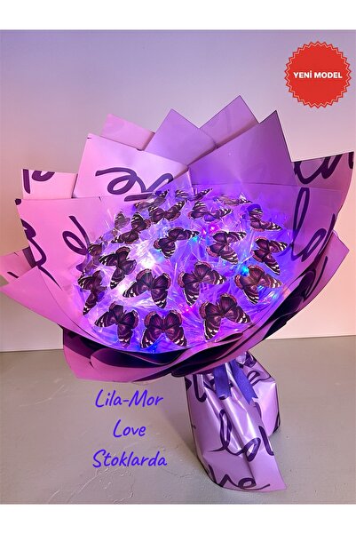 exzone Led ışıklı mor kelebek buketi Love Ambalajlı