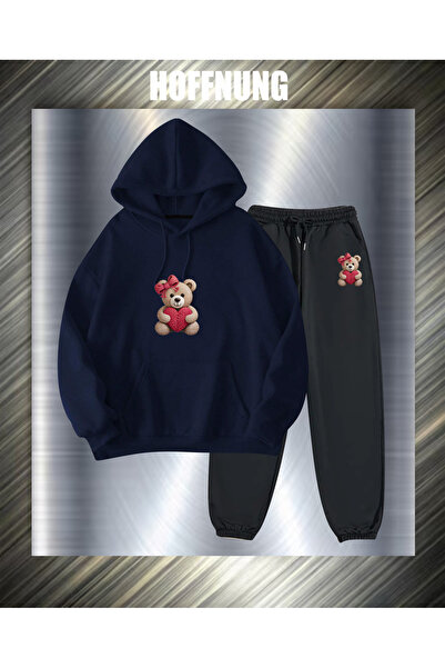 HOFFNUNG Unisex Casual Tracksuit Set Heart Bear Outdoor Full Hoodie