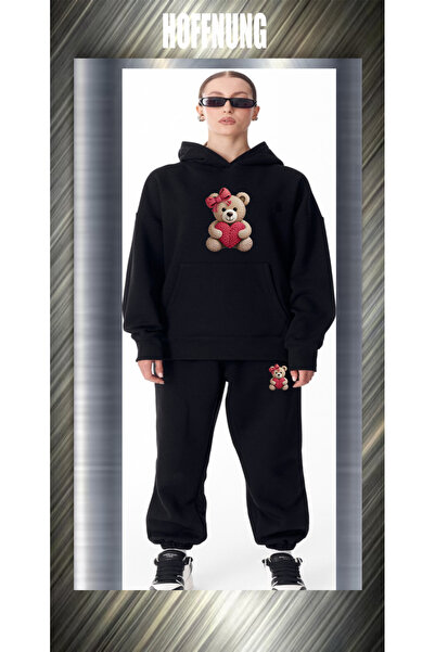HOFFNUNG Unisex Casual Tracksuit Set Heart Bear Outdoor Full Hoodie