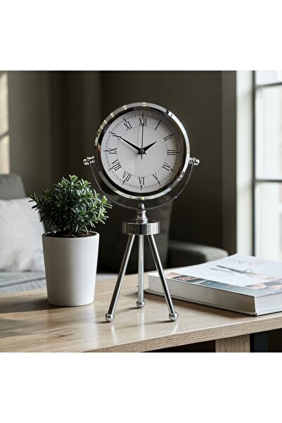 ArzzHome 3 Ayak Roma Rakamlı Tripod Masa Saati & Gümüş