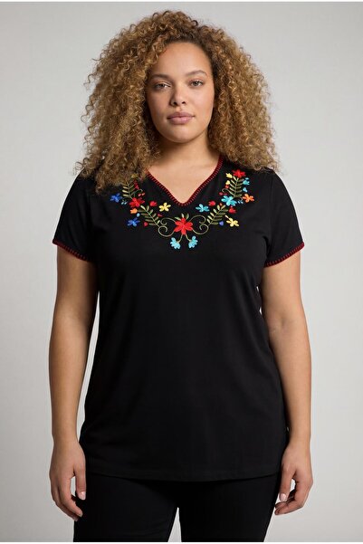 Ebsumu Γυναικεία Μαύρη Μπλούζα Μεγάλου Μεγέθους με Κέντημα Λουλούδι