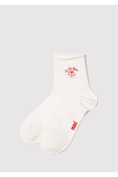 Mavi Nakış Detaylı Ekru Soket Çorap 1913869-20814