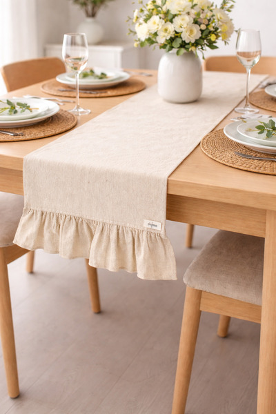 KaiHome Runner cu volane din bumbac brut 50x150cm