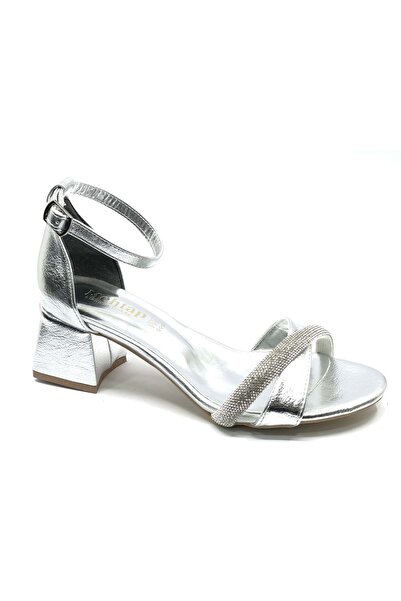KCMN Mehtap Stripe Stone 4 cm Heeled Women's Evening Dress Shoes Silver