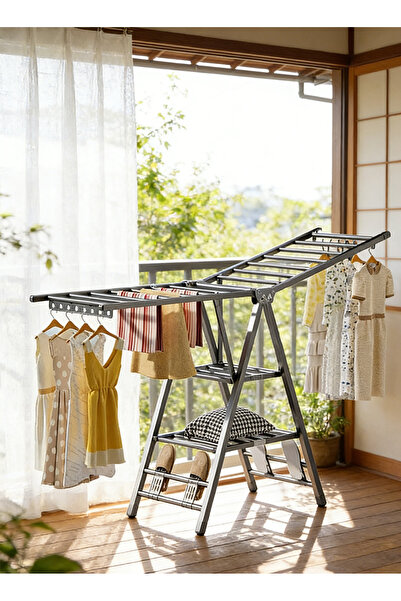 Generic رف تجفيف ملابس من الفولاذ الكربوني، حامل تجفيف ملابس بثلاثة أرفف، رفو...