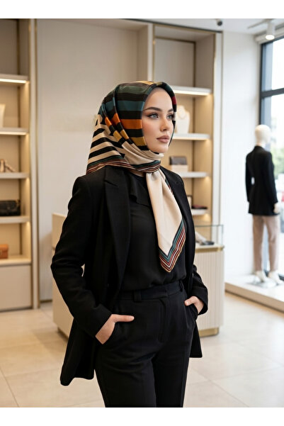 Trend Parla Geometrik Çizgili Sura İpek Eşarp