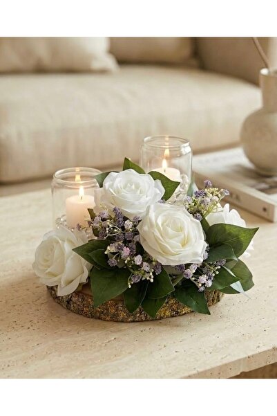 PAKETA Doğal Kütük Altlıklı Çiçekli Şamdan