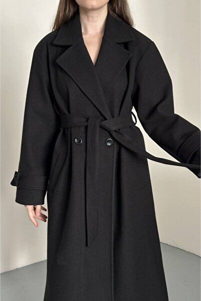 Concept. Płaszcz średniej długości wiązany w talii, dwurzędowy, czarny 3754