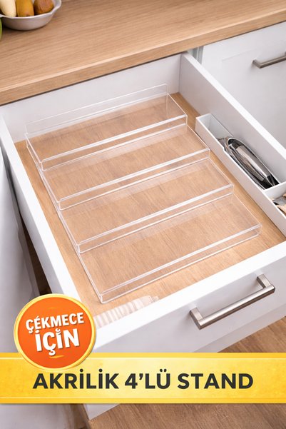 TutturX Organizer Pleksi Şeffaf Stand Baharatlık Standı Çekmece Içi Düzenleyici 25x10cm/4 ADET/