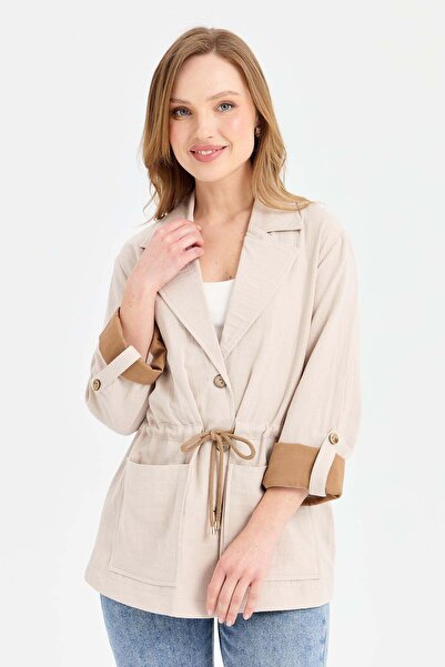 Desen Triko Kadın Beli Bağlamalı %100 Pamuk Ceket Taş