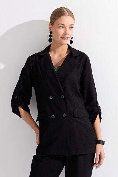 Desen Triko Ženska jakna modela Dvoredno kopčanje sa dugmadima Lan crna
