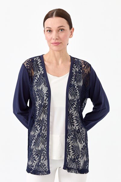 Desen Triko Women's Crew Neck Lace Patterned Combed Cotton Jacket Navy Blue