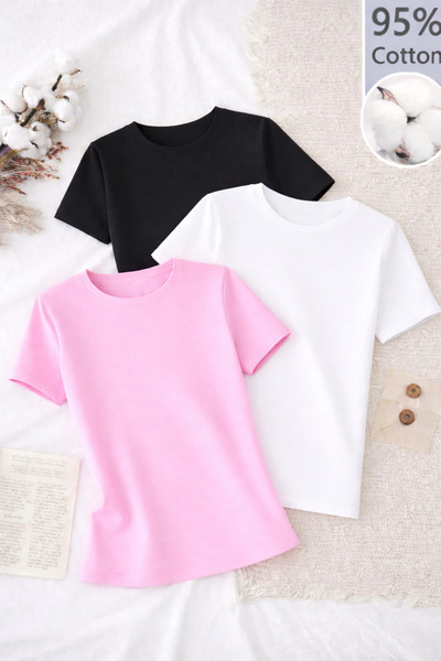 ÖZ PAMUK BLUZĂ-TIȘÖRĂ CU GULER ROTUND, CU MÂNECĂ SCURTĂ, DIN BUMBAC, CU TEXTU...