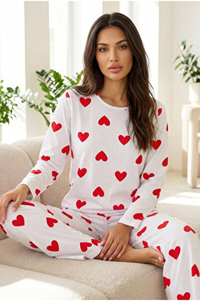 Siyah İnci beyaz kırmızı kalp baskılı Örme Pamuklu Pijama Takımı7613