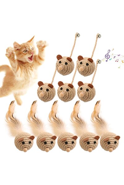 Saharaz مجموعة من 10 ألعاب على شكل فأر مصنوعة من السيزال مع جرس، ألعاب مضغ طب...