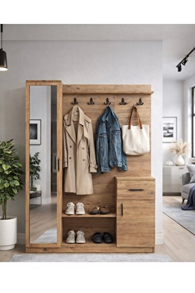Moderniya Mobilya Flora Tek Kapılı Ceviz Aynalı Elbise Askılığı Kapaklı Vesti...