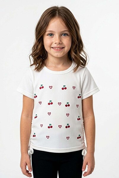 Fulla Moda Μπλουζάκι για κορίτσια Cherry And Heart Με κέντημα με Με σούρες πλ...