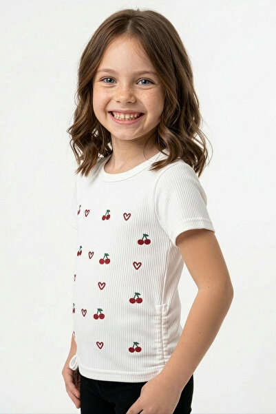 Fulla Moda Tricou pentru fete cu broderie cireșe și inimă pe laterale cu încr...