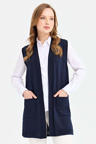 Desen Triko Γυναικείο Πλεκτό Λεπτό Γιλέκο Σακάκι Σκούρο Μπλε με Ανοιχτό Πλάτη...