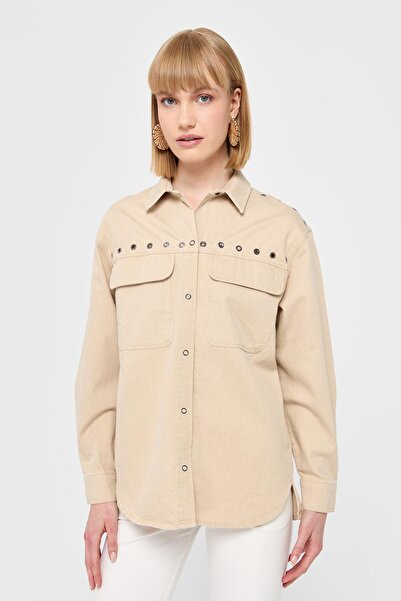 Desen Triko Жіноча сорочка з бавовняної тканини з детальною облямівкою та зас...