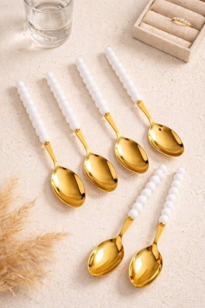 Anadolu Saray طقم ملاعق طعام ذهبية فاخرة مكون من 6 قطع مع تفاصيل من حجر اللؤل...