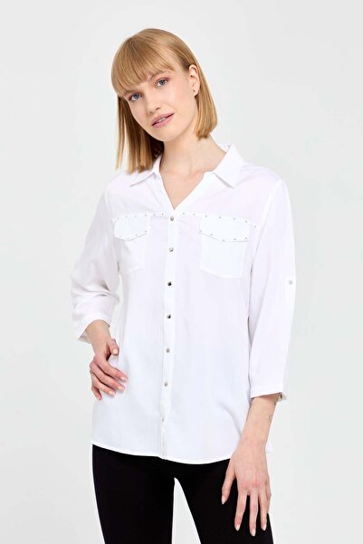 Desen Triko قميص نسائي أبيض بغطاء وجيب