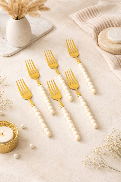 Anadolu Saray طقم شوكة حلوى ذهبية بتفاصيل حجر اللؤلؤ البلاستيكي الأبيض مكون م...