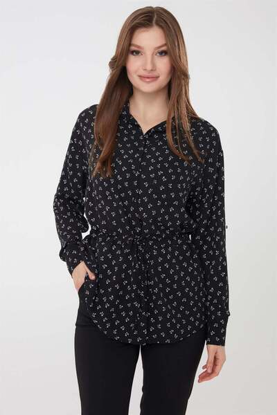 Desen Triko Γυναικείο πουκάμισο με μοτίβο φιόγκου με τσέπες μαύρο