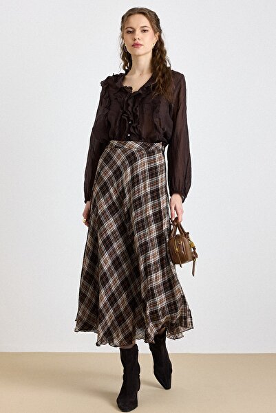 Olcay Plaid Patterned Flared Thin Fabric Skirt Brown 7074