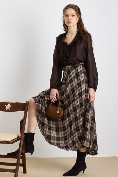 Olcay Plaid Patterned Flared Thin Fabric Skirt Brown 7074