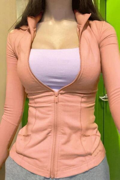Karakedi Pink Pocket Finger Hole Street Y2K Crop Cardigan