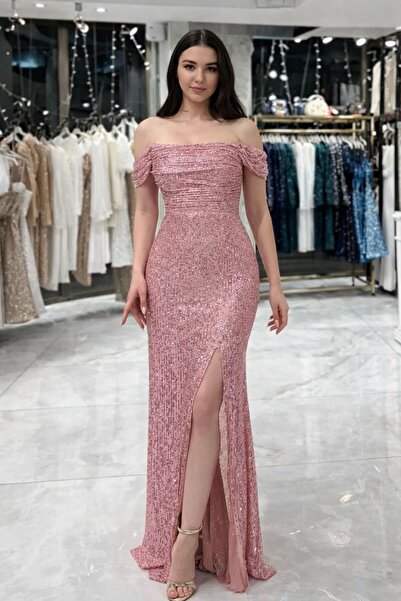 zoe star Andrea Arkası Bağlamalı Detaylı Degaje Yaka Uzun Boy Payet Önü Yırtm...