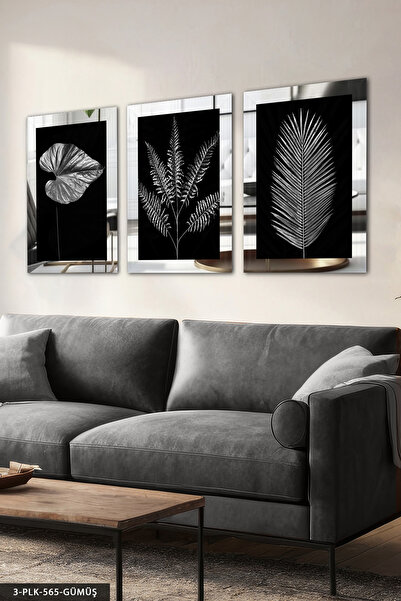 Evinemoda Çiçek Yaprak Gümüş 3 Parça Pleksi Aynalı Tablo
