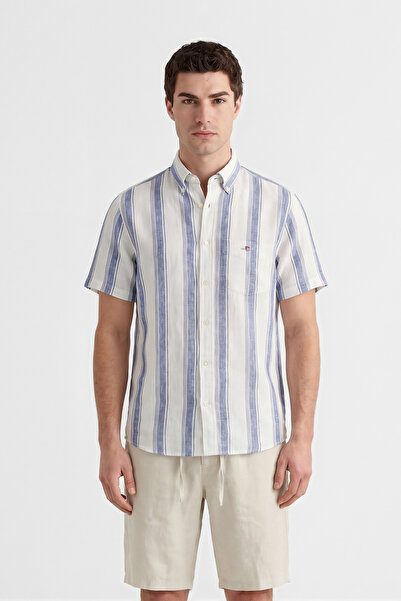 Gant Erkek Mavi Regular Fit Çizgili Logolu Gömlek