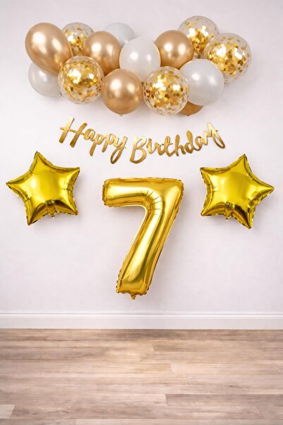 Patladı Gitti Σετ γιορτής γενεθλίων Gold Concept για 7 ετών· Μπαλόνι με λευκό...