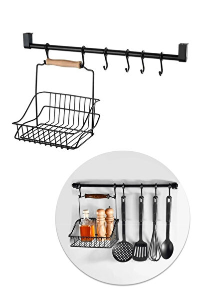 Genel Markalar Ferforje Sepet - Duvar Rayı Askılık Mutfak Askısı Sepetli Ahşa...